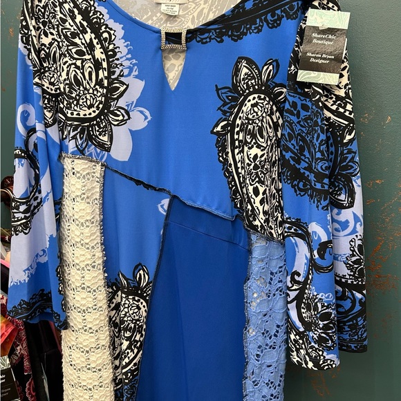 Up cycled sky, blue black-and-white, print tunic length top - Picture 3 of 4